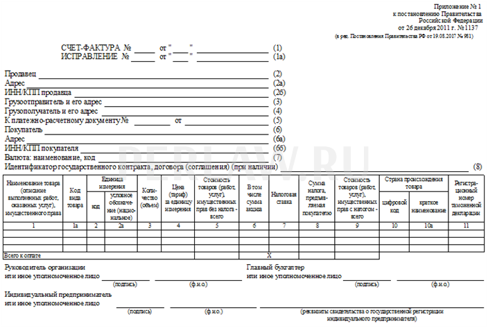 Форма счета-фактуры, применяемого при расчетах по налогу на добавленную стоимость