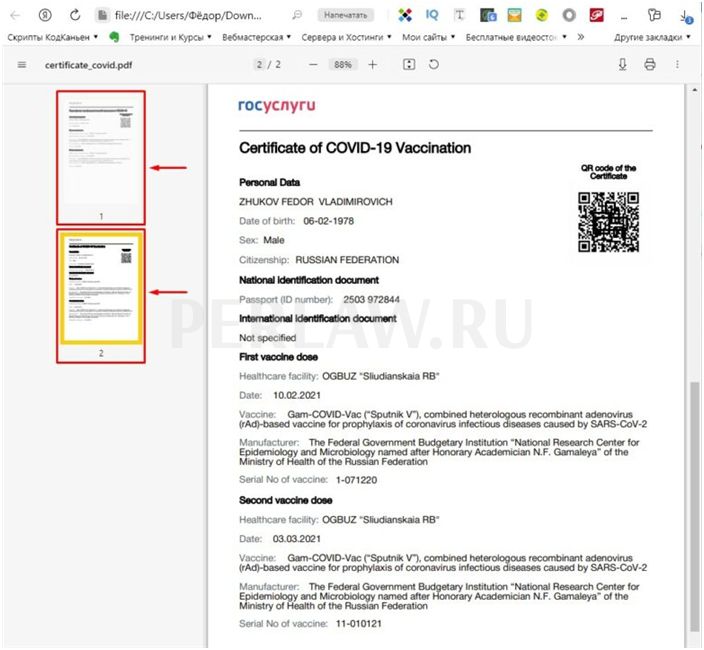 Сертификат вакцинации от COVID-19 на русском и английском языках 